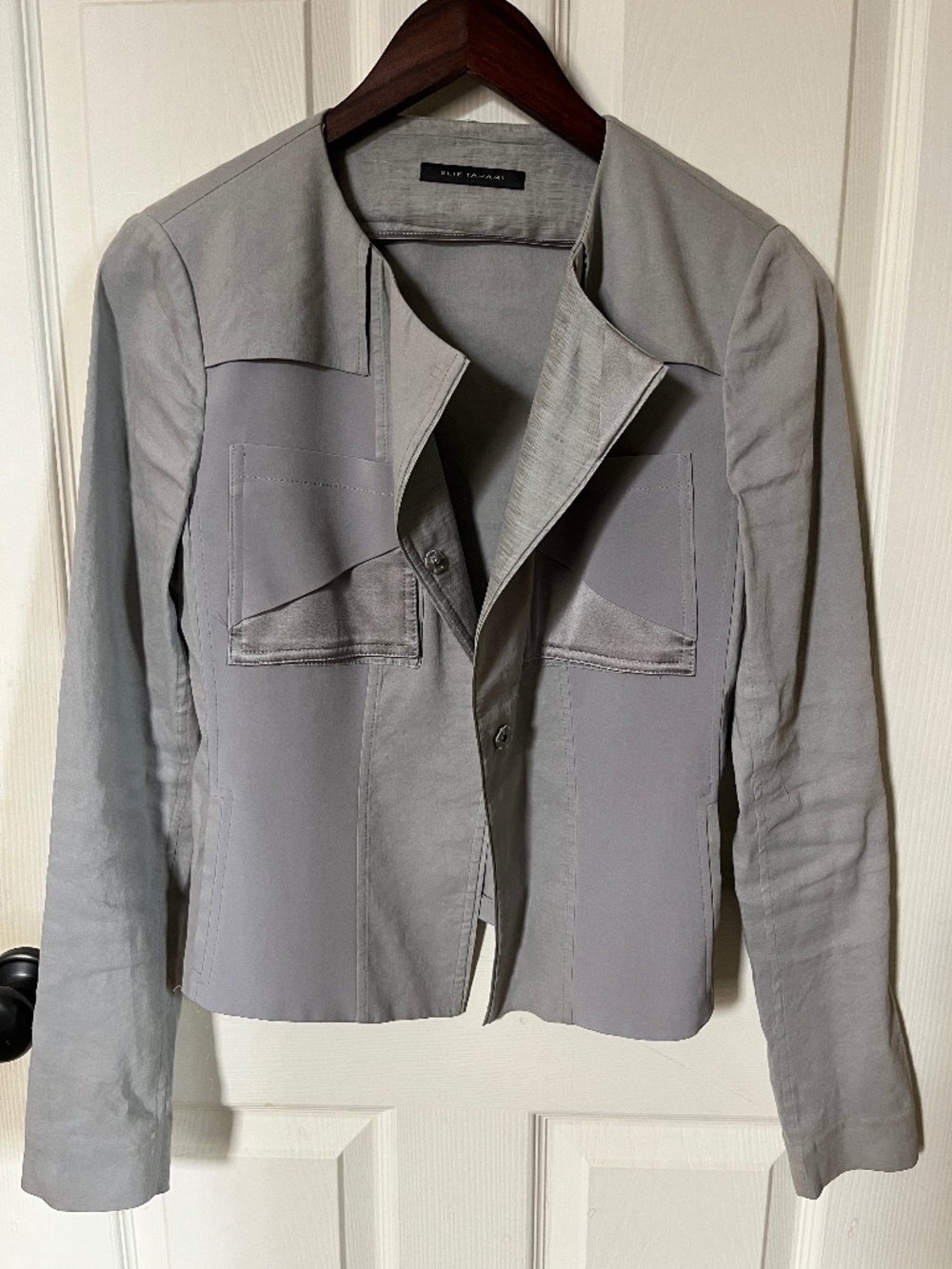 Elie Tahari Gray Collarless Snap Front Utility Pocket Lightweight Jacket - Size4